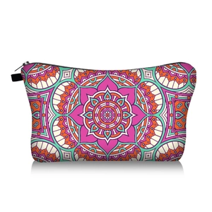 Detailed view of colorful mandala printed toiletry bag with premium silver zipper closure
