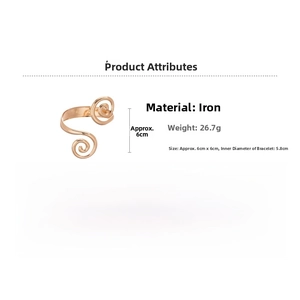Detail showing rose gold spiral cuff bracelet specs: iron material and 5.8cm inner diameter