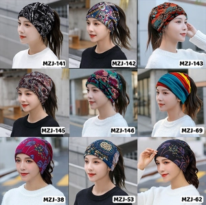 Detailed grid showing diverse bohemian knit neck gaiters and versatile headwear patterns