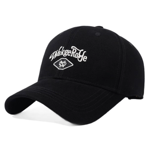 Classic black cotton baseball cap with white embroidered letters and a diamond logo
