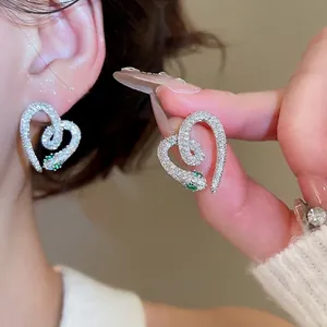 Heart Snake Stud Earrings Copper With Zircon Green Eyes And 925 Sterling Silver Earring Post Elegant Niche Jewelry For Women