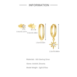 Detailed size guide for S925 silver star and moon earring set with cubic zirconia