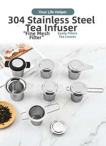 Detailed view of various 304 stainless steel tea infusers with silicone handles and lids