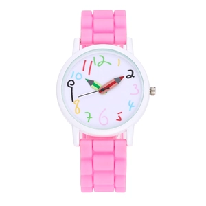 Detailed macro of pink silicone watch strap with square texture and colorful pencil hands