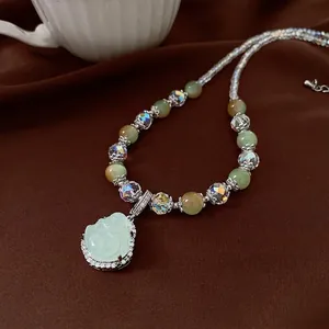 Laughing Buddha Pendant Beaded Necklace Crystal Zircon Retro Chinese Style Elegant Light Green Jewelry For Women