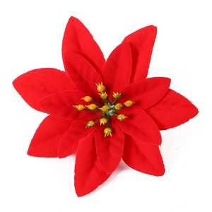 Artificial red poinsettia flower head with yellow stamens for Christmas decor