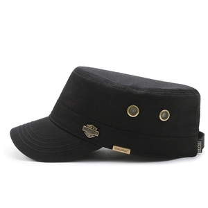 Classic black cotton flat top army cap with metal air vents and stylish shield emblem