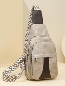 Fashion Chest Sling Bag PU Leather Geometric Wide Strap Multi Pocket Casual Crossbody Vintage Style For Men Women