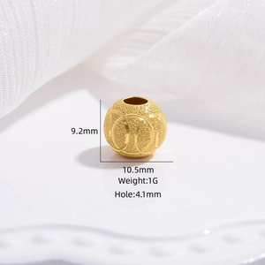 Macro shot of 10.5mm hollow gold sterling silver bead with dimensions and 1g weight