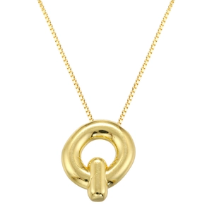 Detail of mirror-polished gold-plated puffed circle pendant on a classic box chain