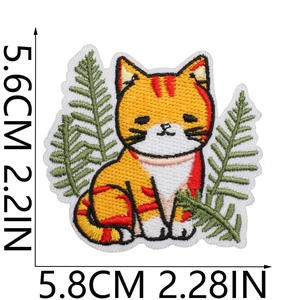 Detailed size view of yellow tabby cat embroidered patch with exact dimensions and texture