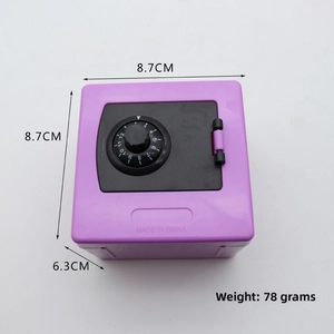 Detailed view of small purple plastic safe money box bank with numeric dial design