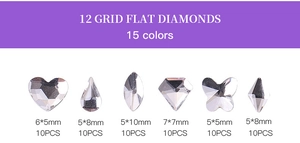 Detailed size and quantity chart for 12-grid colorful heart-shaped nail art glass rhinestones