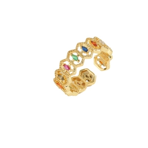 Minimalist 14K gold plated geometric ring with colorful zircons and beaded edge details
