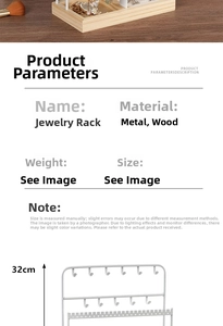 Detailed dimensions of 32cm jewelry organizer with metal hooks and wood base