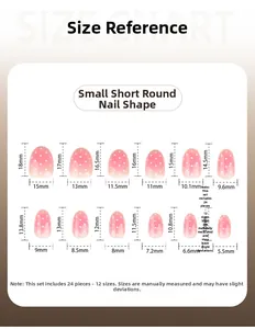 Size chart for 24pcs short round press-on nails with pink gradient and white polka dots