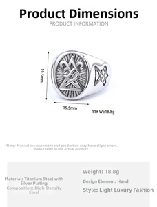 Macro shot of silver-plated stainless steel signet ring with detailed dimensions and specs