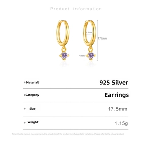 Detailed size specifications of 925 silver hoop earrings with purple gemstone pendant
