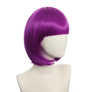 Detailed view of short purple bob wig with bangs on a mannequin head, professional shot