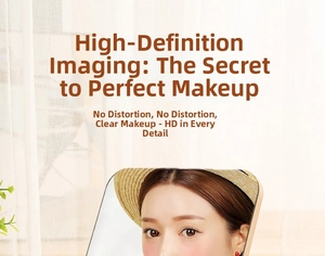 Detail of high-definition rotating wood makeup mirror showing clear reflection quality