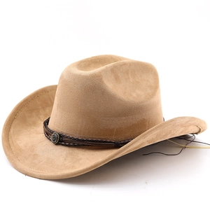 Classic khaki western faux suede cowboy hat with braided leather band and metal buckle