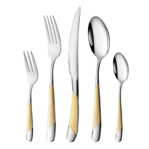 5-piece silver stainless steel cutlery set with elegant gold hammered texture handles