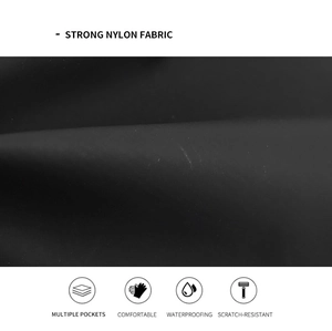 Detail of waterproof and scratch-resistant black high-density nylon fabric with multiple pockets