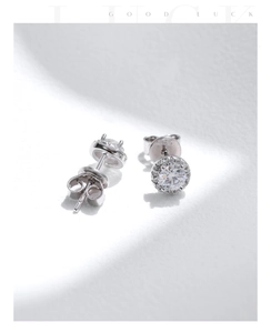 Detailed macro view of S925 sterling silver halo stud earrings with sparkling round moissanite