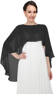 Elegant black sheer chiffon poncho wrap with an asymmetrical hem for formal evening gowns