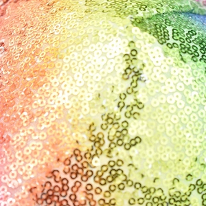 Macro shot of vibrant rainbow sequin material on a stylish flip sun hat detail