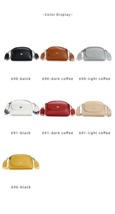 Matrix display of leather crossbody bags with jacquard straps in various colors