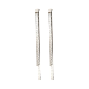 Minimalist silver long snake chain drop earrings with square stud on white background