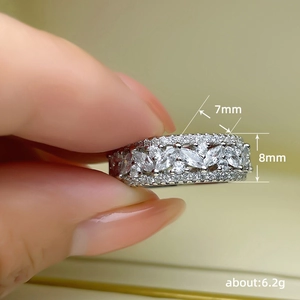 Wide vintage stackable ring featuring marquise-cut zircon flowers in silver finish