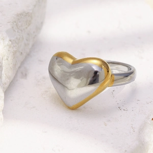 Fashionable two-tone 18K gold plated heart ring with polished stainless steel finish