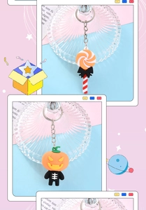 Detail of Halloween silicone keychain featuring pumpkin skeleton and lollipop designs