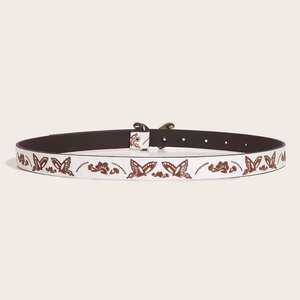 Retro Y2K white leather belt with brown butterfly embroidery and silver buckle