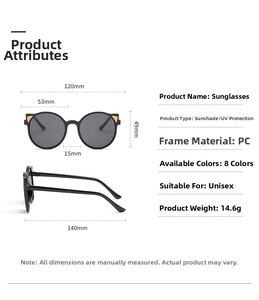 Detailed size guide for kids' cat ear sunglasses with frame dimensions and specifications