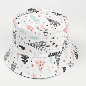 Detail of white cotton bucket hat with colorful Christmas trees and Merry Christmas print