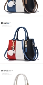 Classic tri-color patchwork leather tote bag with fluffy pompom and pearl charm