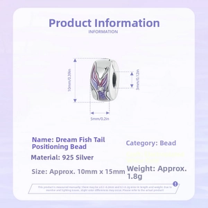 Detail of 925 sterling silver mermaid tail charm with purple enamel and small crystal