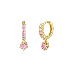 Detail of gold hoop earrings with pink round stones and star-shaped zircon pendants