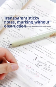Close-up of transparent PET sticky notes showing high clarity over printed book text