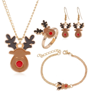 Golden Christmas jewelry set featuring reindeer necklace, earrings, ring, and bracelet