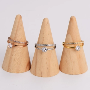 Double-layer stainless steel ring with zircon solitaire and pave band in three finishes