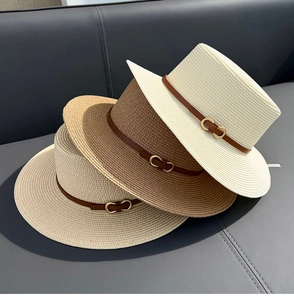 Detailed straw weave texture on flat top sun hats with elegant faux leather bands