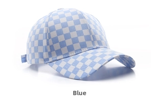 Detail of blue and white checkerboard baseball cap featuring adjustable back strap