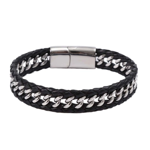 Black braided microfiber leather bracelet with silver Cuban chain and magnetic steel clasp