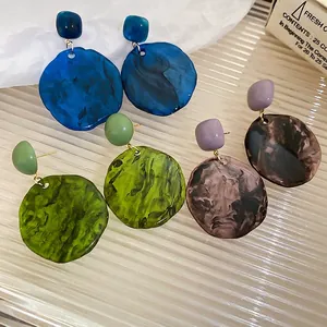 Irregular Round Resin Dangle Earrings With 925 Sterling Silver Earring Post Vintage Marble Texture Geometric Jewelry