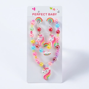Colorful unicorn beaded jewelry set including necklace, bracelet and earrings for kids