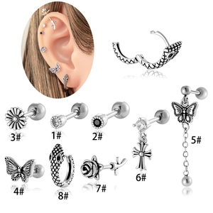 Retro titanium steel earring set featuring butterfly, rose, and snake designs for ear cartilage